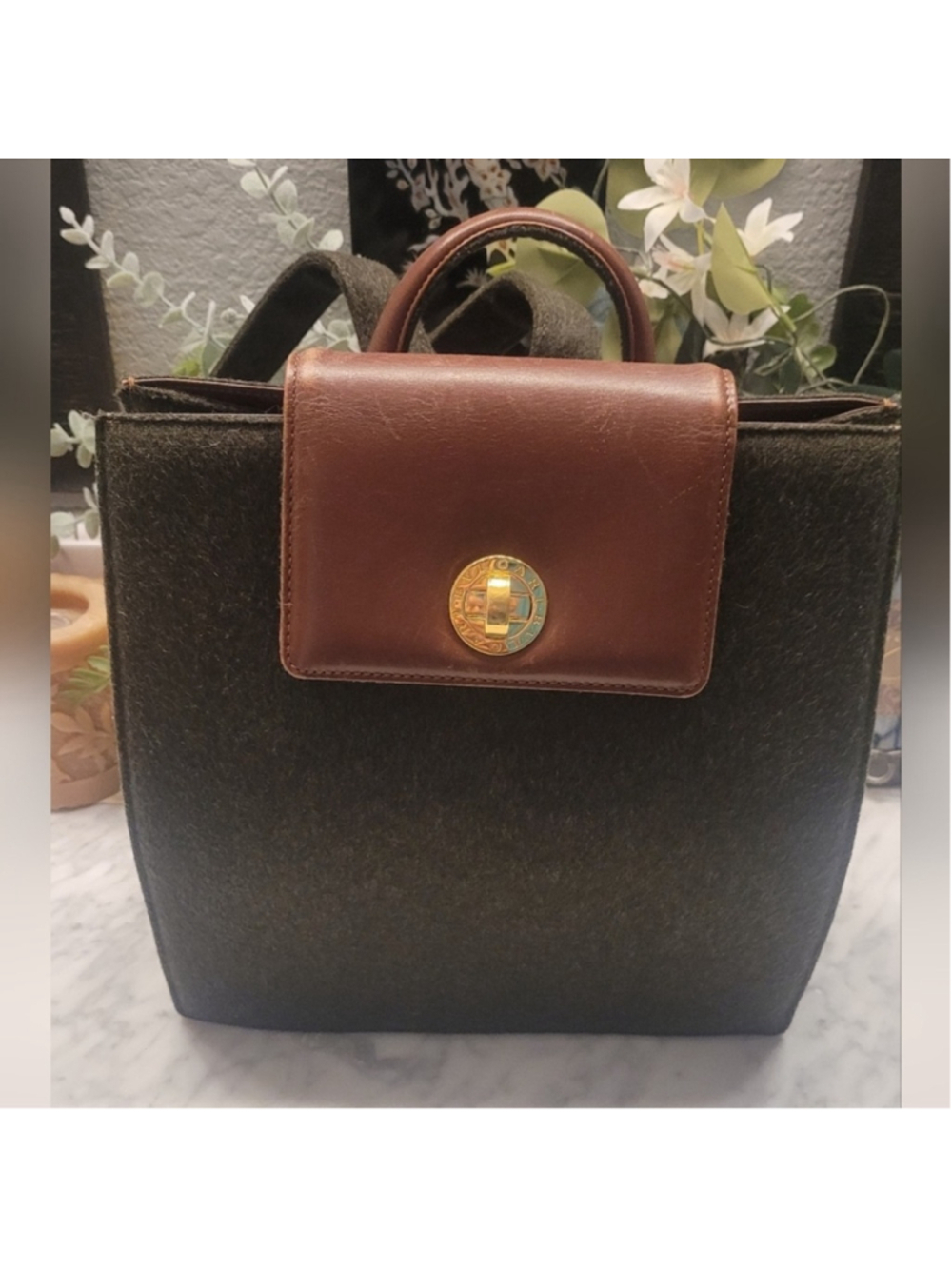 EUC Bvlgari Brown Leather and Grey Textured Backpack Italy